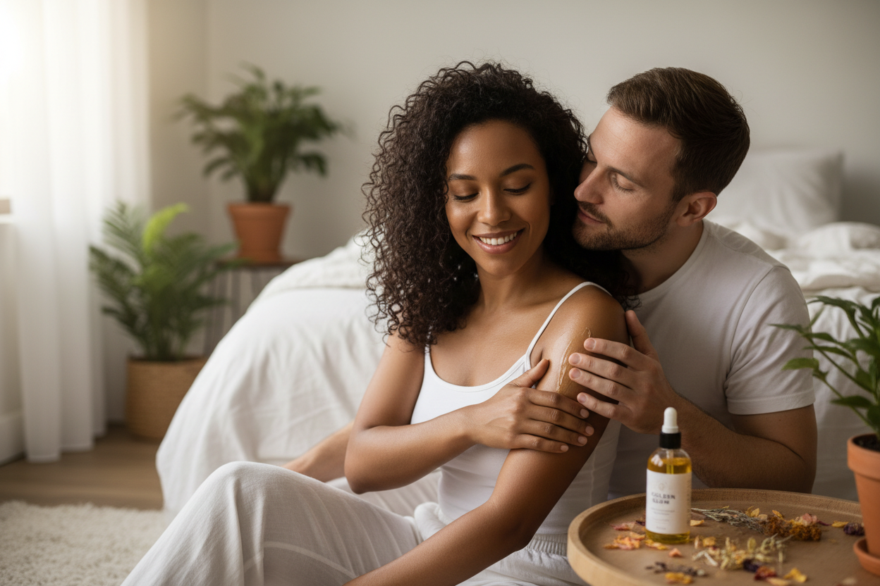 A biracial woman putting on body oil and her white husband smelling it.