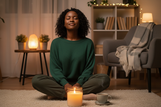 black woman relxing infront of a candle