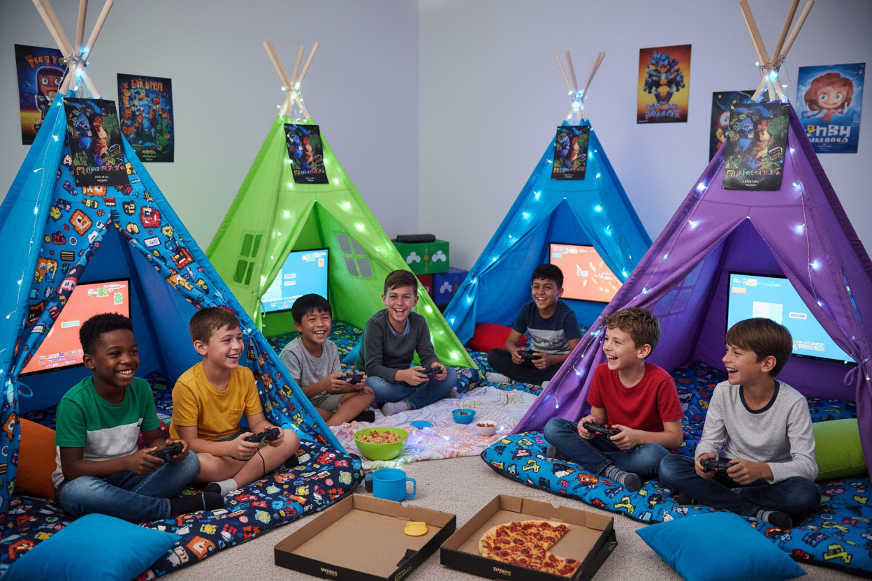 boys of all ethnicities in teepee tents with a gaming theme
