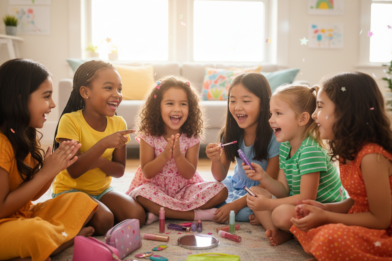 Different little girls pf different ethnicity playing with lip gloss